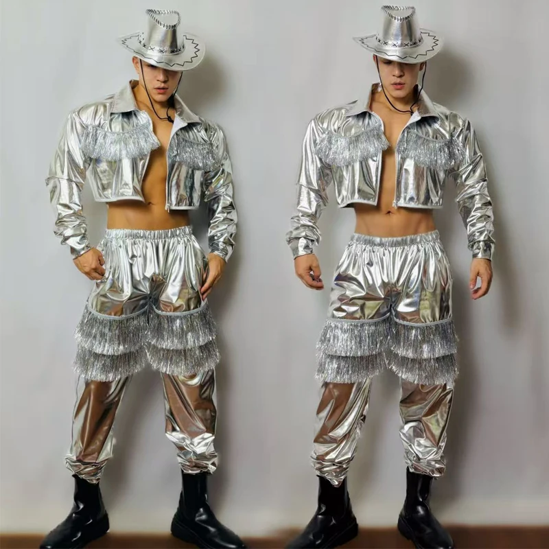 

Мужской танцевальный костюм Muscle Man Silver Laser с бахромой в стиле хип-хоп, сексуальный костюм для танцев на пилоне, мужская одежда для джазовых танцев, одежда для выступлений в барах и на сцене, XS10402