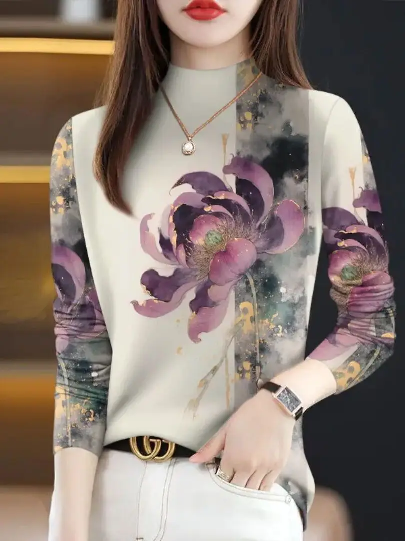 High-End Fabric Women's T-Shirt Autumn Winter Long Sleeve Half High Collar Belly Covering Casual Style Printed Slim Fit Ladie...