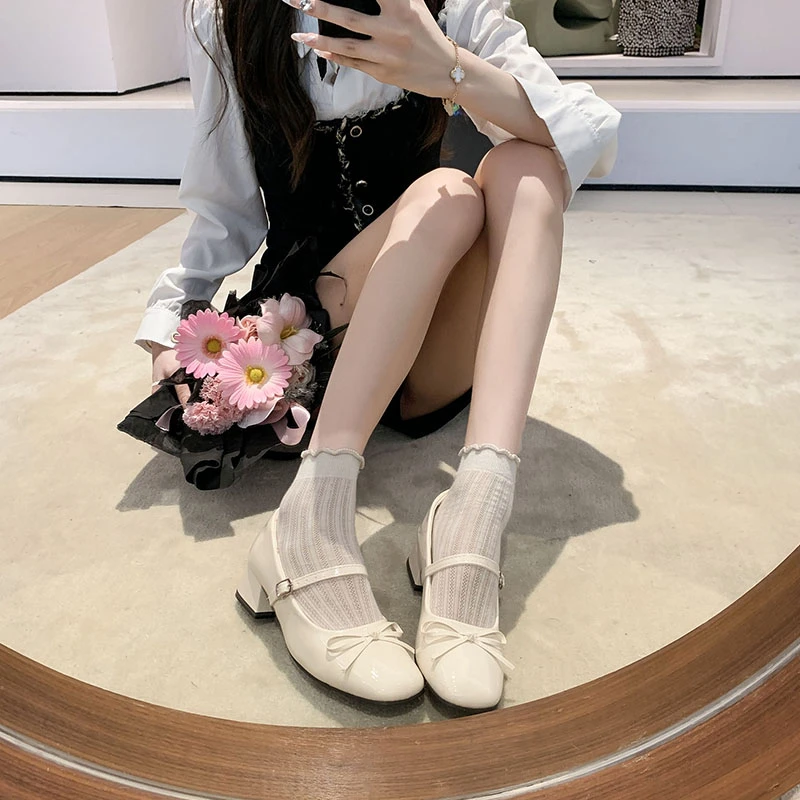 Bow-knot High-heeled Patent Leather Block-heeled Single Shoes for Women 2025 Spring New Style with Skirt Shallow Mary Jane Shoes view 3