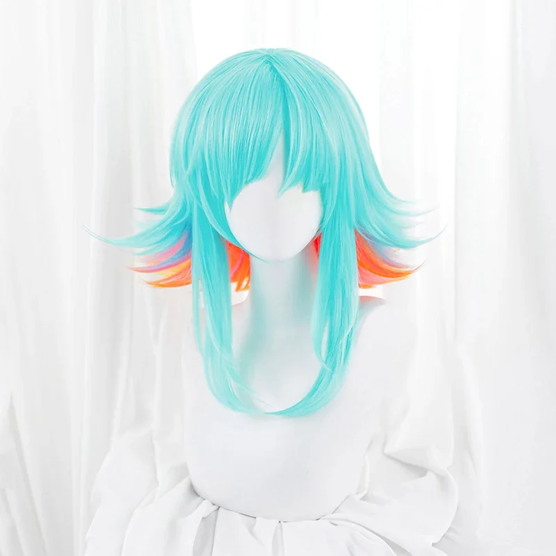 لعبة LOL سوبر فان Neeko شعر مستعار تأثيري للجنسين قصير أزرق برتقالي مختلط اللون مقاومة للحرارة الاصطناعية خصلات الشعر المستعار الملحقات