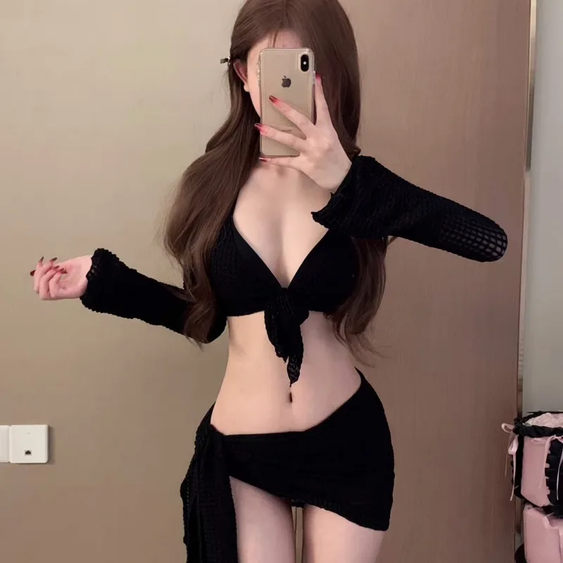 Conjuntos de Bikinis de manga larga para mujer, traje de baño liso Sexy ajustado ahuecado, moda elegante para vacaciones en la playa, traje de baño de estilo coreano con cordón de 4 piezas