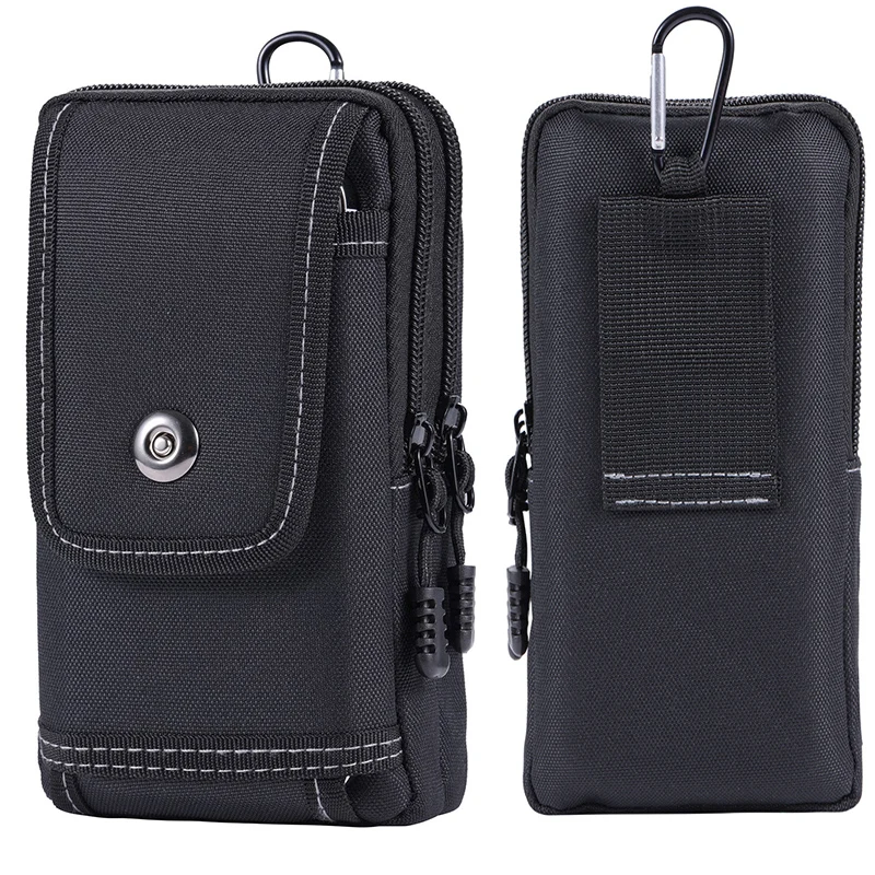 Universal Phone Bag for iPhone 15 Pro Pouch Nylon Vertical Flip Case Magnetic Buckle Holster Wastband Belt Hanger Hook Zip Case