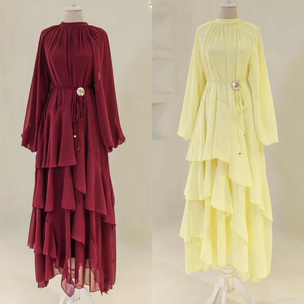 

Customized High Quality Chiffon Pleat Sash A-line High Collar Long Dresses Bespoke Occasion Exquisite Sizes Available