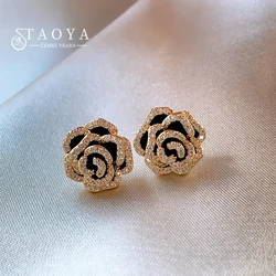 French Romantic and Elegant Black Camellia Flower Micro Set Zircon Earrings 2025 Luxury Jewelry for Women's Exquisite Accessorie