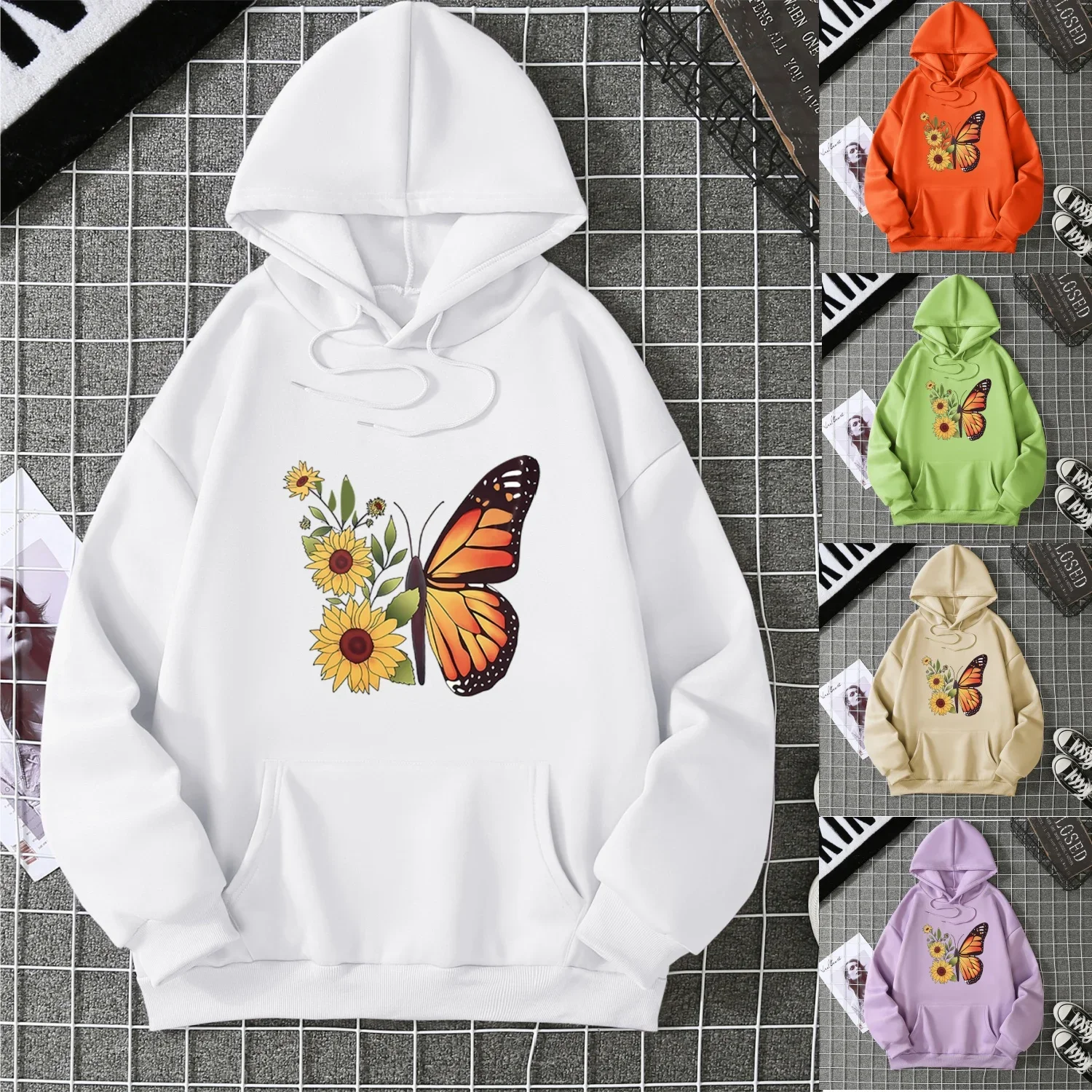 Butterfly Chrysanthemum Print Hooded Sweater Pure Cotton Loose Casual High Quality Retro Outfit Graphic Trend Hoodie Sweatshirt