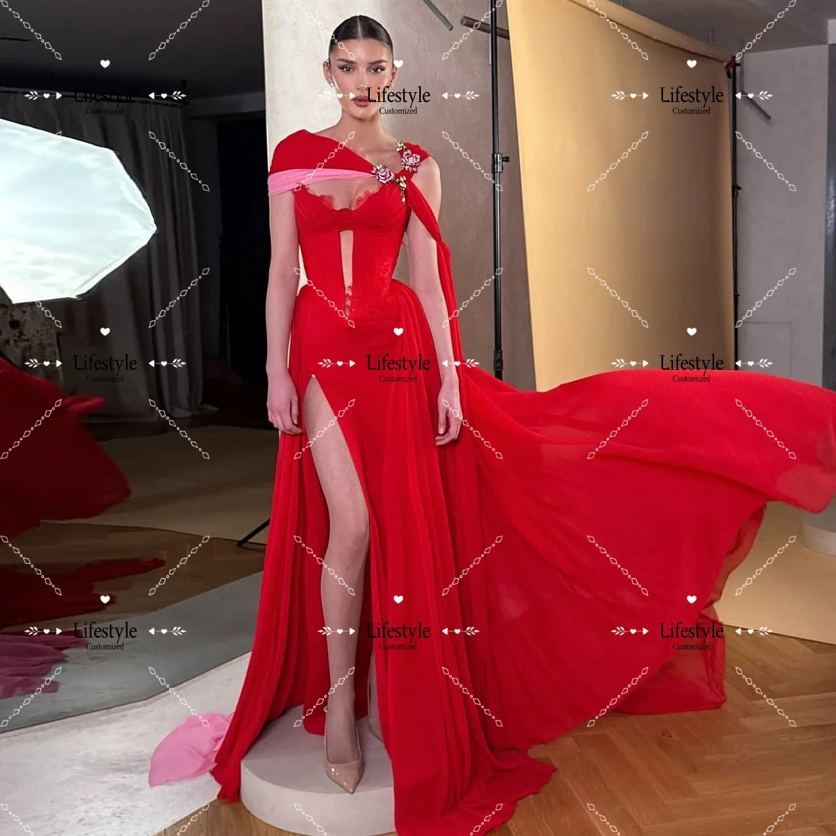 

Customized Red Pink High Slit Flower Evening Dress 2025 Cut-out Side Train Gorgeous Party Dresses For Formal Occasion Prom Dress