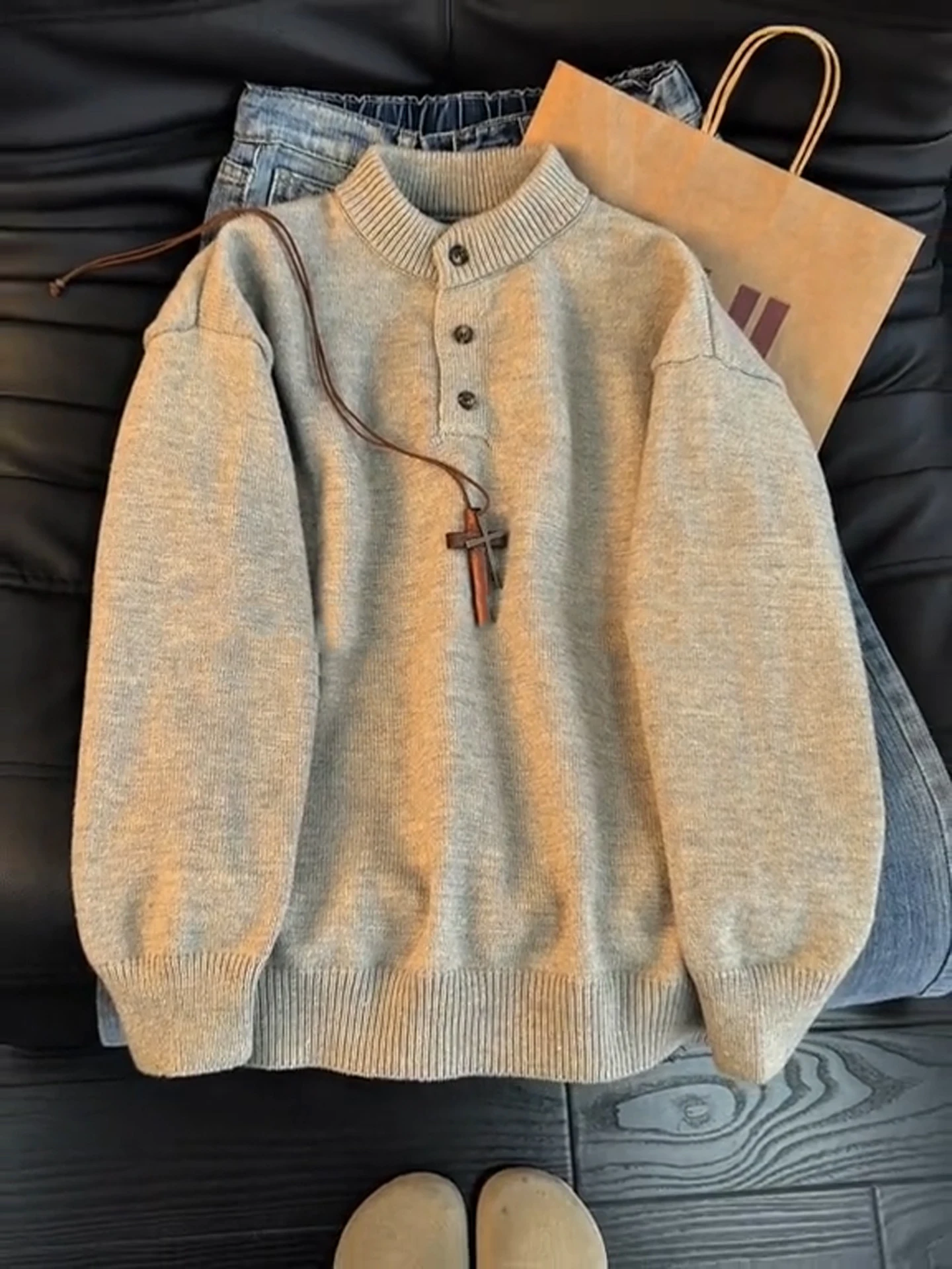 

American Henry Collar Old Money Sle Men's Long Sve Knitwear Heavyweight irt Autumn Winter Base Layer irt