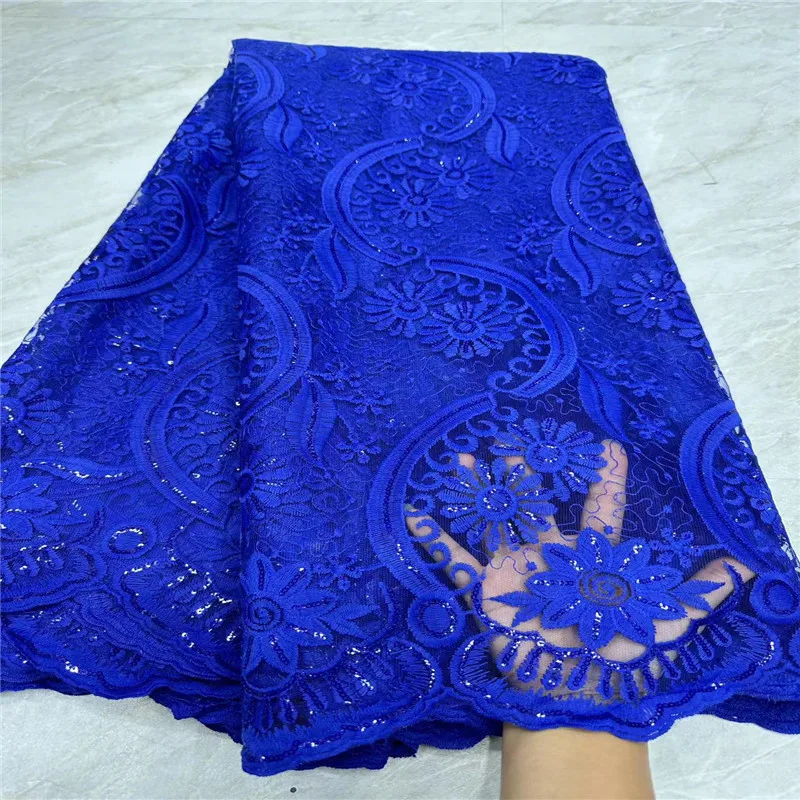 

Royalblue African Lace Fabric 5 Yards With Sequins High Quality 2024 French Tulle Embroidery Mesh Material For Nigerian Robe