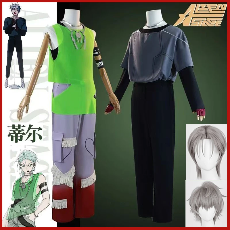 

Alien Stage Till Cosplay Costume Till R7 Blink Gone Green Vest Till R6 Grey T-shirt Pants Sets Wig Necklace Unisex Party Suits