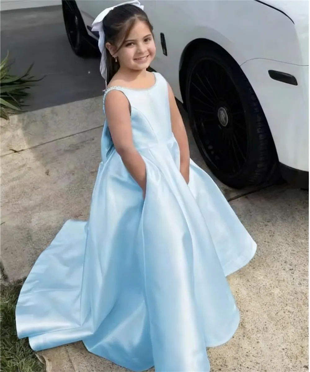 فستان زفاف أنيق مخصص لفتاة الزهور من الساتان بدون أكمام مع فيونكة للأطفال فستان حفلات التواصل الأول #4