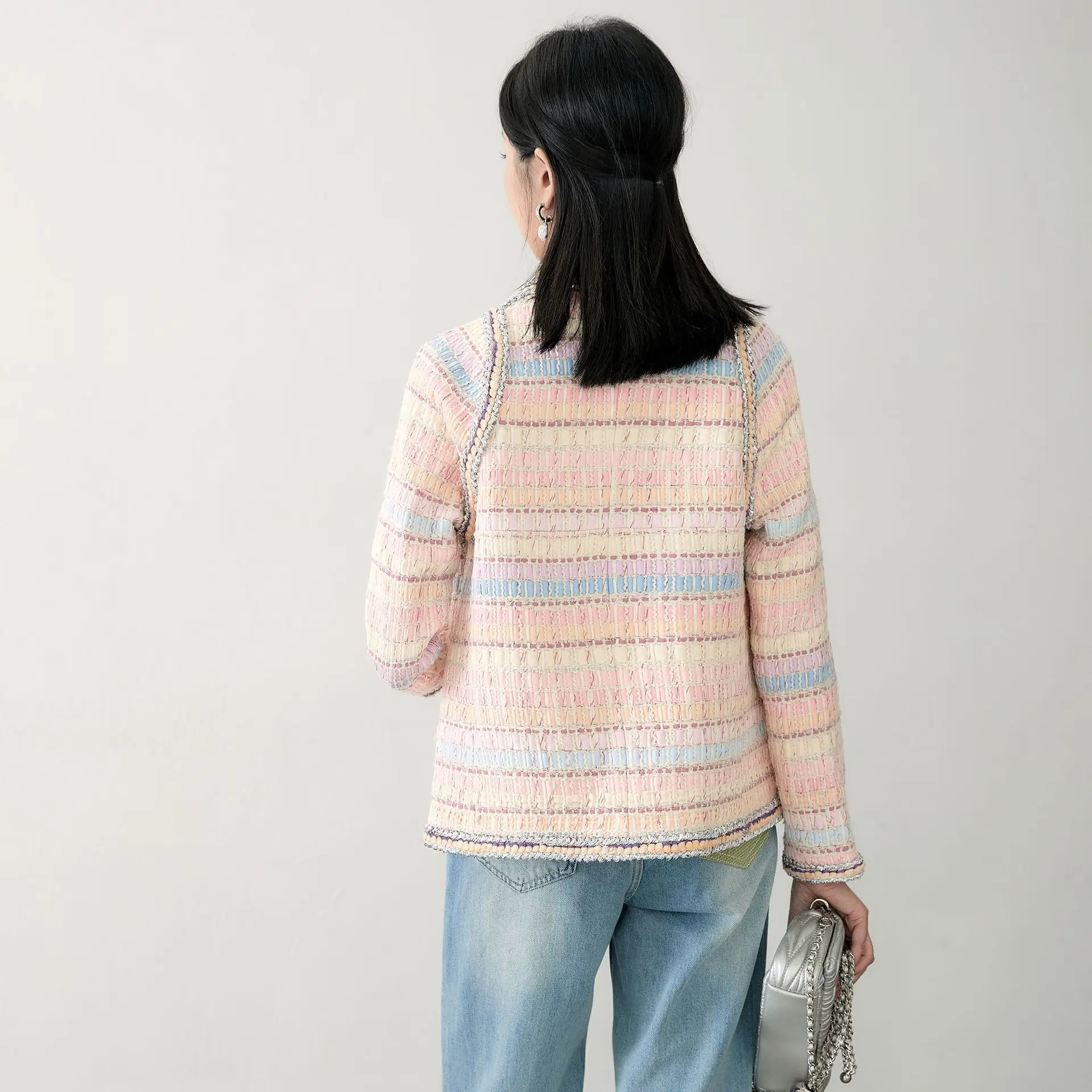 Spring and Autumn Wool Blended Tweed Macaron Rainbow Soft Romantic Women's Jacket