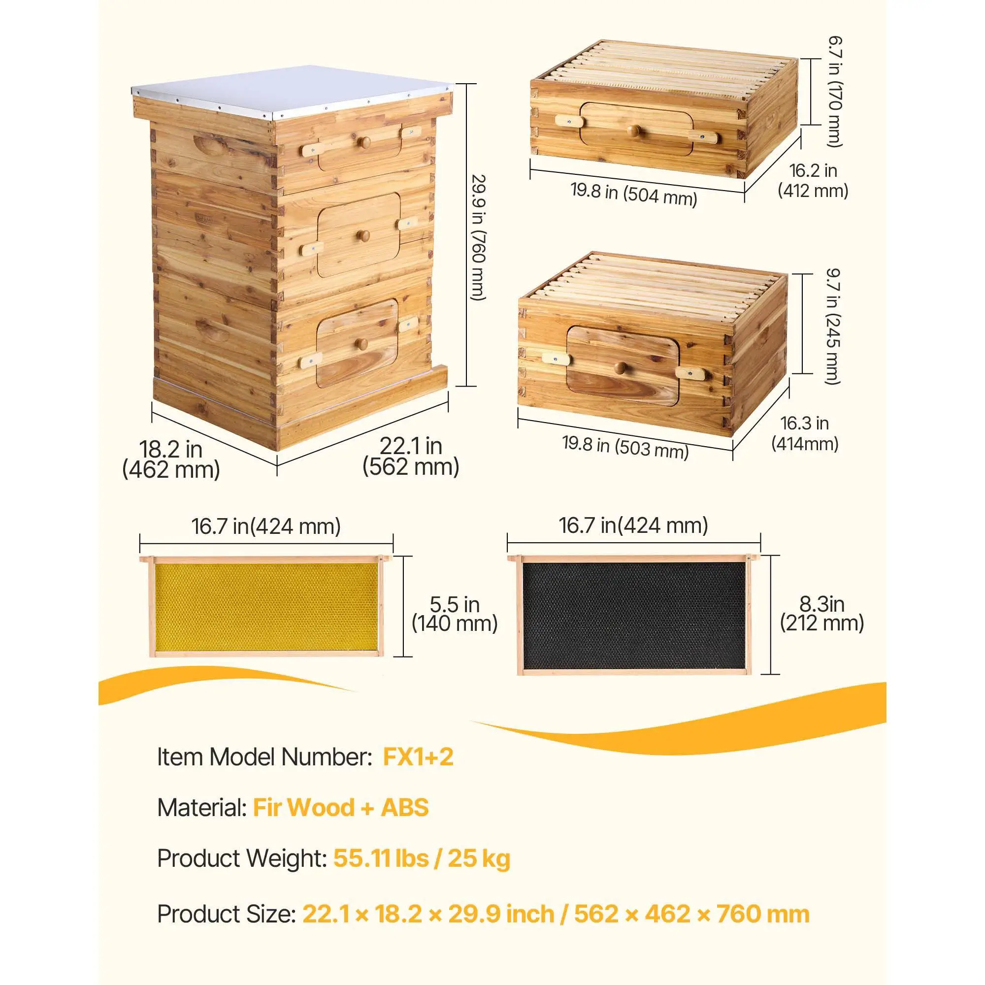Bee Hive 30 Frame Starter Kit with Beeswax Coated Fir Wood 2 Deep and 1 Medium Langstroth Bee Boxes Clear Acrylic Windows and Foundations for Beginner and Professional Beekeepers