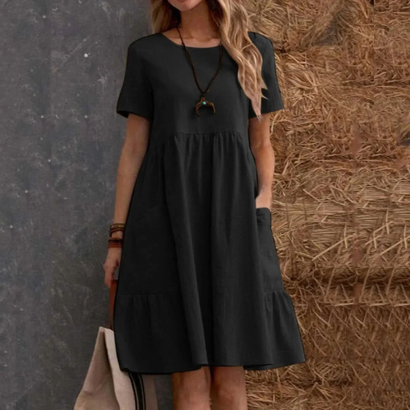 

2024 Summer Solid Vintage Dress O-Neck Half Sleeve Dresses Women Mid-Calf Length Robe Female Causal Holiday Sundress Vestidos