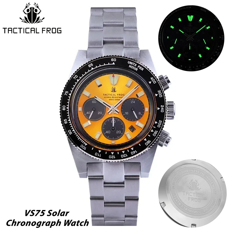 

Tactical Frog V2 VS75 Solar Chronograph Watch Quartz Movement Sapphire Crystal Luminous BGW-9 Waterproof 200m Men Wristwatches