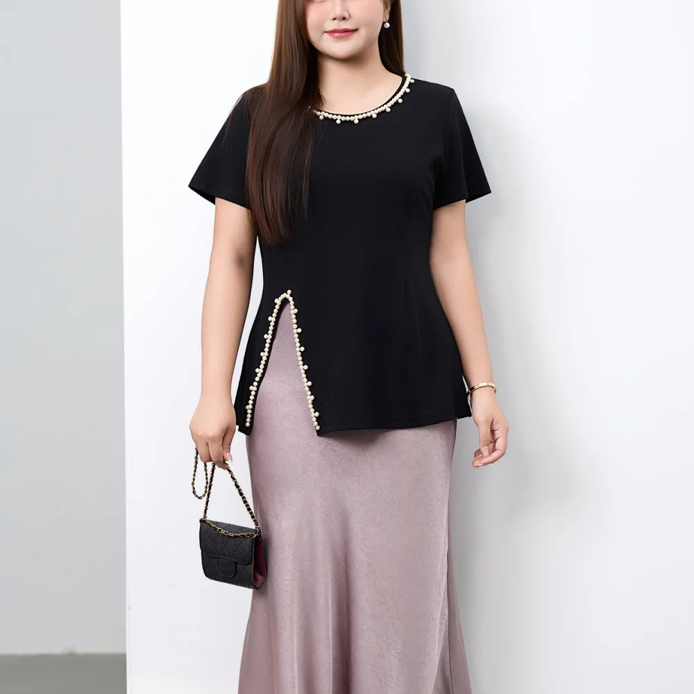 

Повседневный топ с короткими рукавами и жемчугом, бисером, разрез по краю, женская футболка премиум-класса с круглым вырезом больших размеров 9105