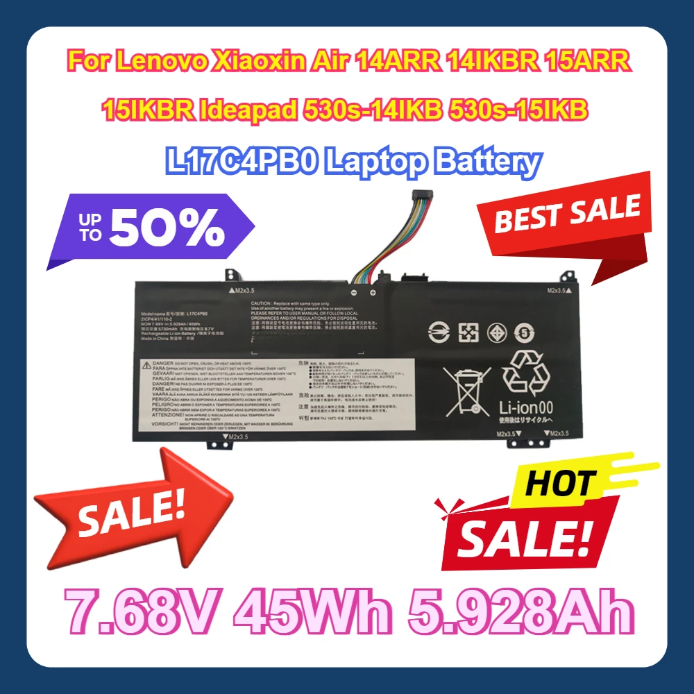 For Lenovo Xiaoxin Air 14ARR 14IKBR 15ARR 15IKBR Ideapad 530s-14IKB 530s-15IKB 7.68V 45Wh 5.928Ah L17C4PB0 Laptop Battery