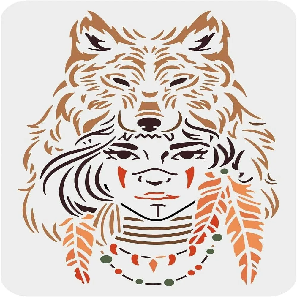 Wolf Stencil 11.7x8.3 inch Reusable Tribal Craft Stencils Plastic PET Wolf Head Necklace Drawing Stencil Wall Art Stencil for