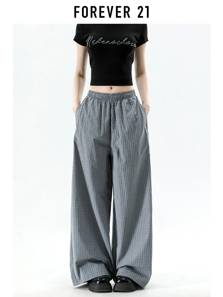 Forever 21, pantalones anchos a cuadros de estilo americano para mujer, novedad de verano, pantalones informales holgados de pierna recta, pantalones cómodos de algodón suave