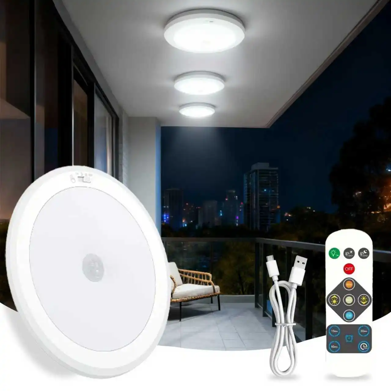 Battery Operated Motion Sensor Ceiling Light  with Remote Control 3 Colour Temperature For Home Entrance Stair Balcony Hallways