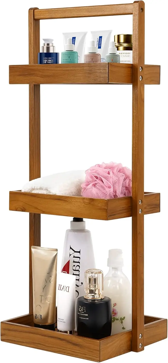 

3-Tier Teak Wood Shower Caddy Shelf, Freestanding Bathroom Corner Organizer for Storage in Shower, Kitchen, Office