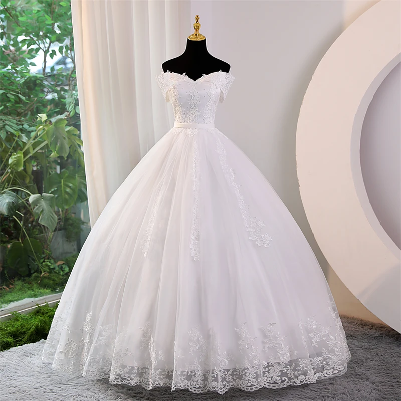 Plus Size White Wedding Dresses Off The Shoulder Wedding Gowns Elegant Long Appliques Pearls Bridal Dress Floor or Long Train