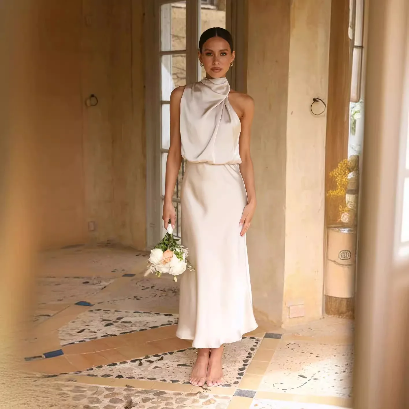 BWQ Abito lungo senza maniche in raso di seta estivo di fascia alta Moda donna Abiti eleganti da celebrità Abito da sera Abiti da festa da donna