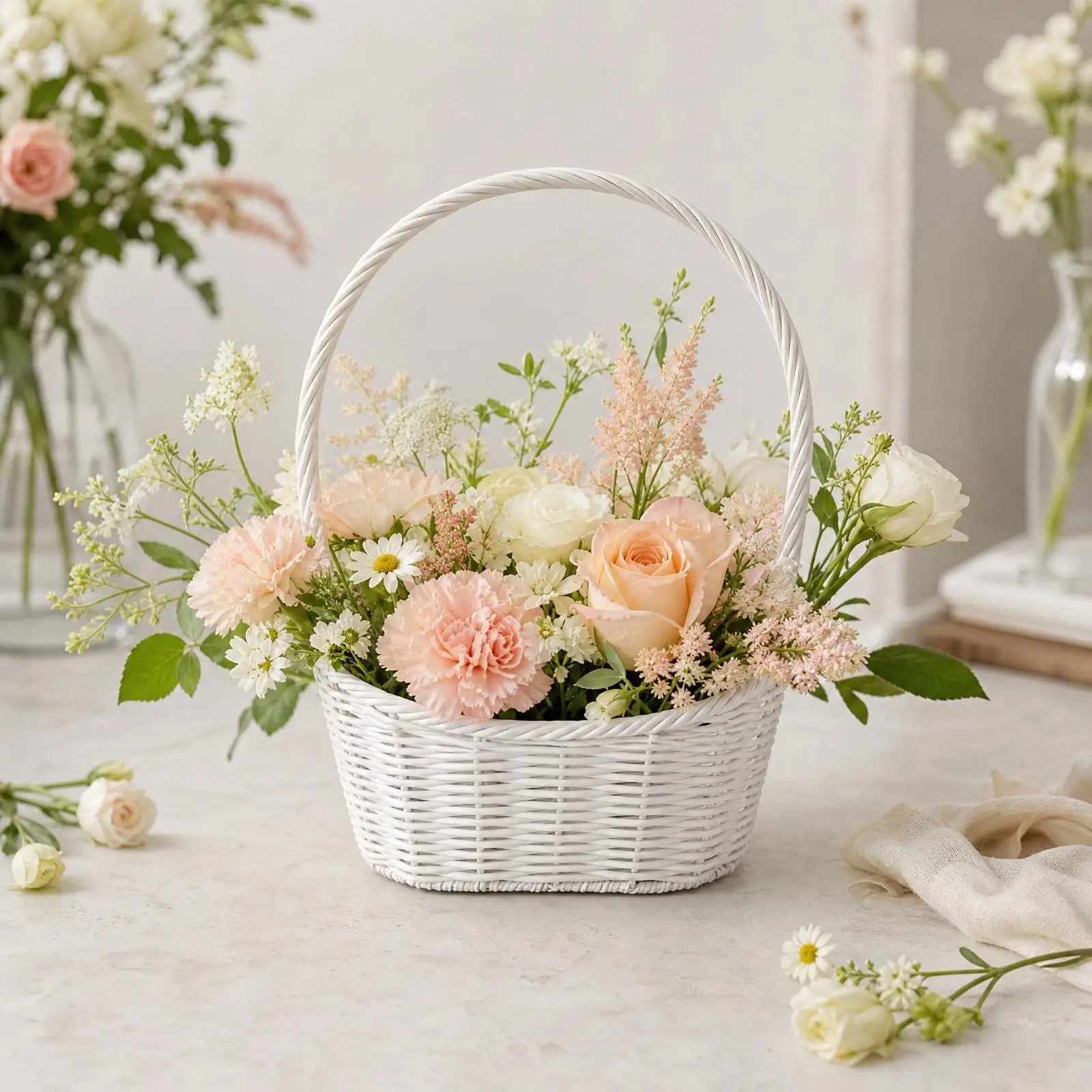 Imitation Rattan Woven Basket with Braided Handle for Dried Flower Arrangement Home Table Decoration