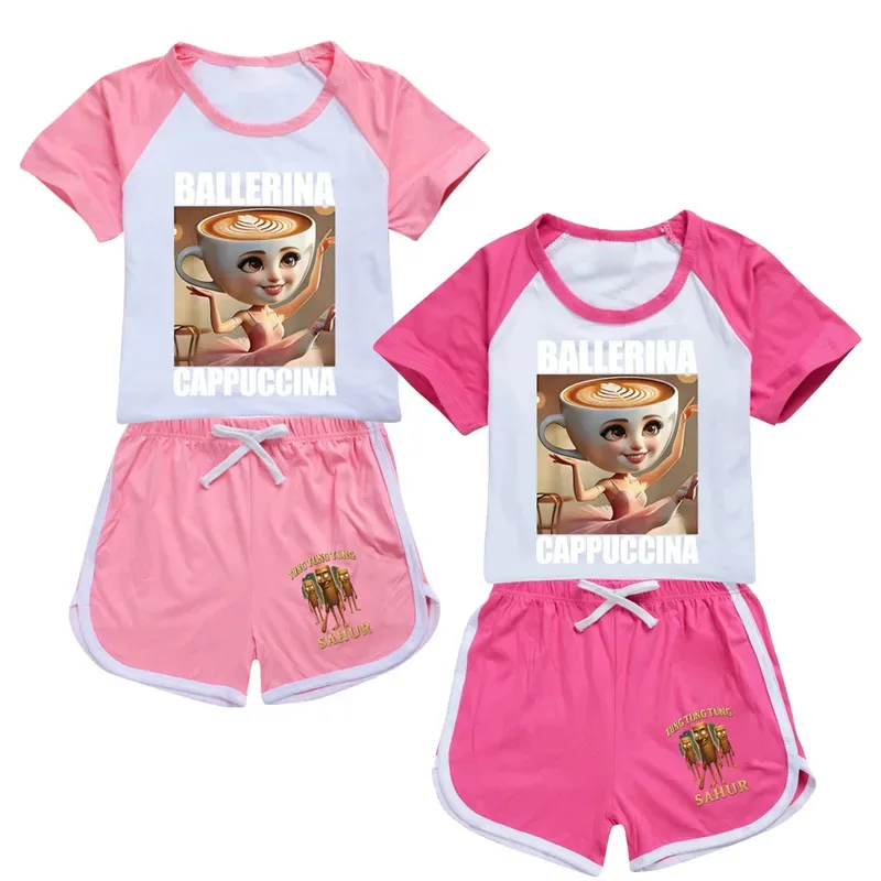لطيف راقصة الباليه Cappuccina ملابس الاطفال الصيف تونغ صحور بيجامة طفل الفتيات قصيرة الأكمام تي شيرت + السراويل طفل الفتيان ملابس النوم #1