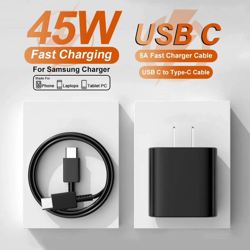 

Сетевой адаптер для быстрой зарядки 45W PD USB-C для Samsung S23 S24 S25 Ultra Note 10+ 5G, быстрая зарядка Type-C, стандарт США