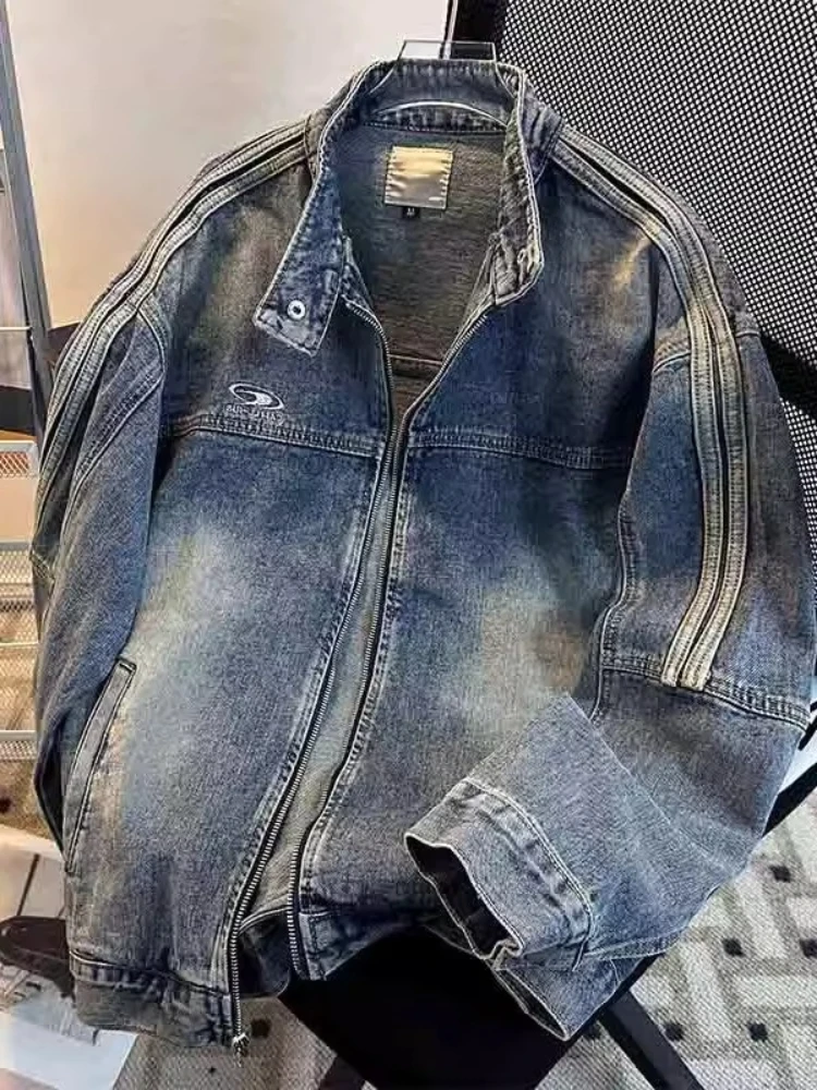 แจ็คเก็ตยีนส์วินเทจทรงหลวม คอตั้ง แขนยาว สไตล์ลำลอง โอเวอร์ไซส์ แนวสตรีท Y2K สำหรับฤดูใบไม้ผลิและฤดูใบไม้ร่วง