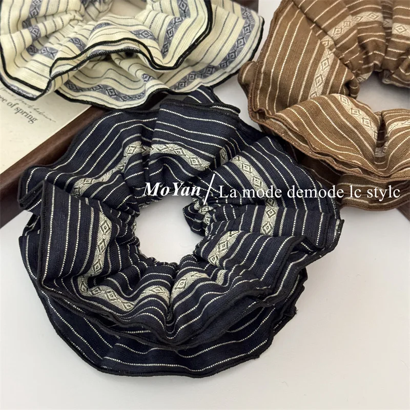 Oversized Double-layer Striped White Navy Scrunchies College Girls Elegant Hair Ropes Ties Luxury Hair Bands Headwear 15cm Gum