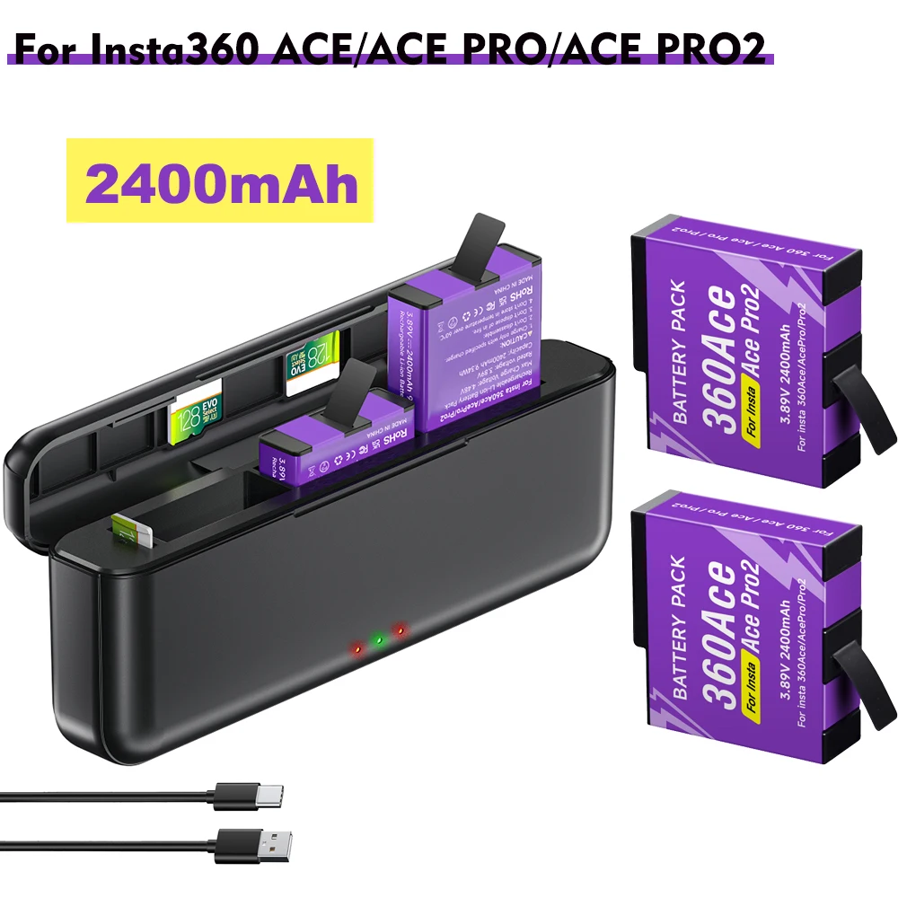 Batteria di Ricambio per Insta360 Ace Pro 2, 2400mAh, con Caricabatterie Rapido USB LCD a 3 Slot per Insta360 Ace e Insta 360 Ace Pro 2