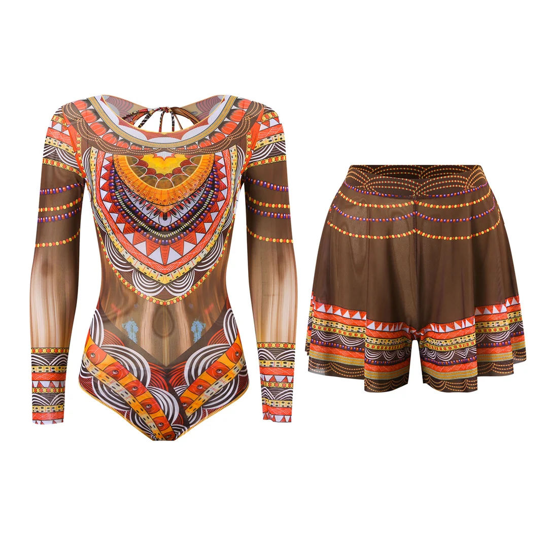 S - XXL, einteiliger Badeanzug mit vollständig bedecktem Rücken, gepolstert, für Damen, mit Shorts, langen Ärmeln, mit Muster, Damen-Badebekleidung, V7347. – Detail 2