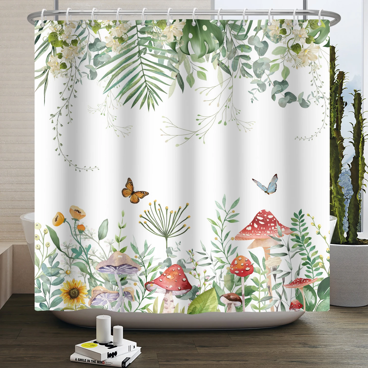 Green Eucalyptus Leaves Plant Shower Curtain Watercolor Leaf Floral Flower Boho Waterproof Bathtub Bathroom Shower Curtain Decor