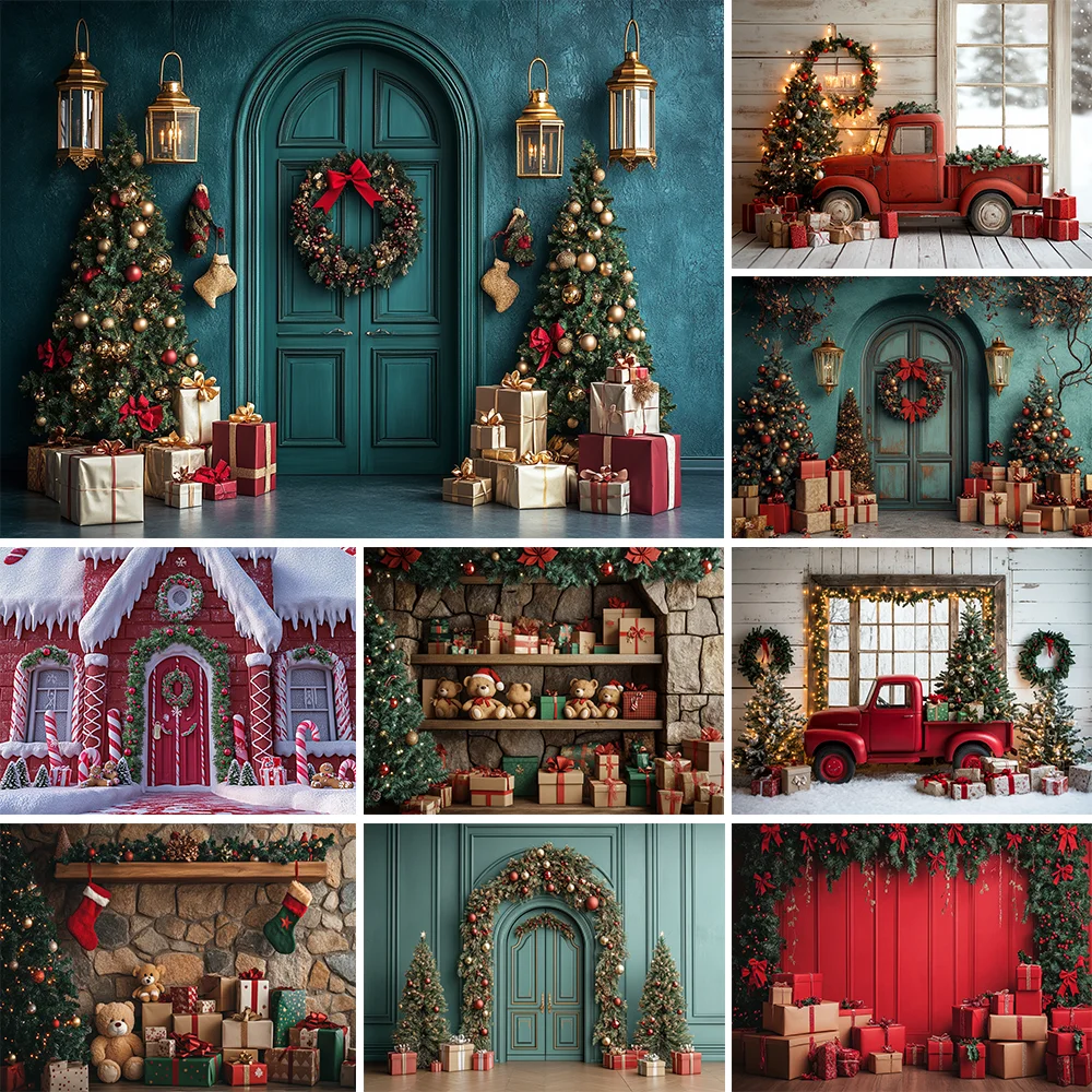 

Winter Christmas Photography Background Green Wall Window Curtain Xmas Tree Kids Family Portrait Decor Backdrop for Photo Studio