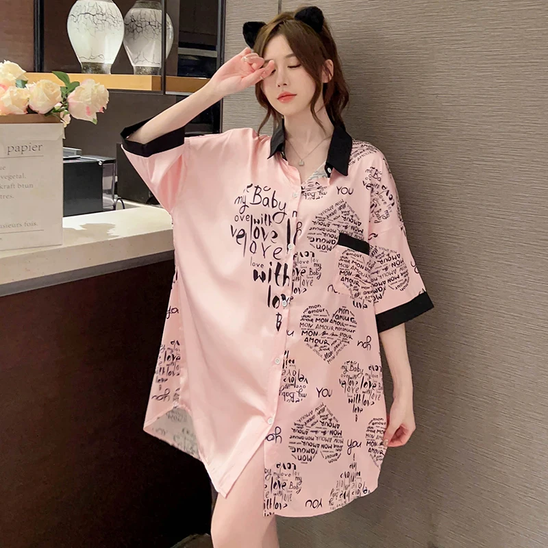 Summer Satin Silk Women Sleepwear Shirt Pink Letter NightGown Short Sexy Sleepshirt Loose Ladies Nightgown Shirt Girl Nightdress