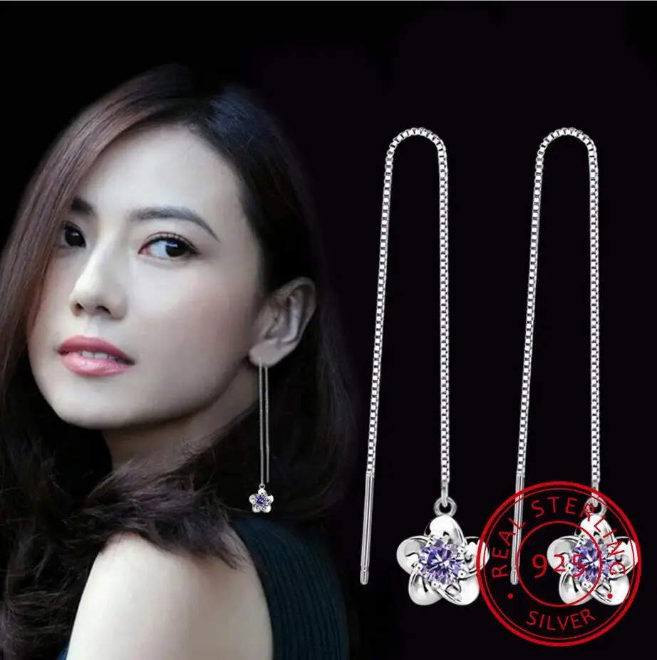 Mode 925 Sterling Silber Weiß/Lila Zirkonia Pflaumenblüte Blume Tropfen Ohrringe Box Kette Lange Quaste Ohr Linie S-E236