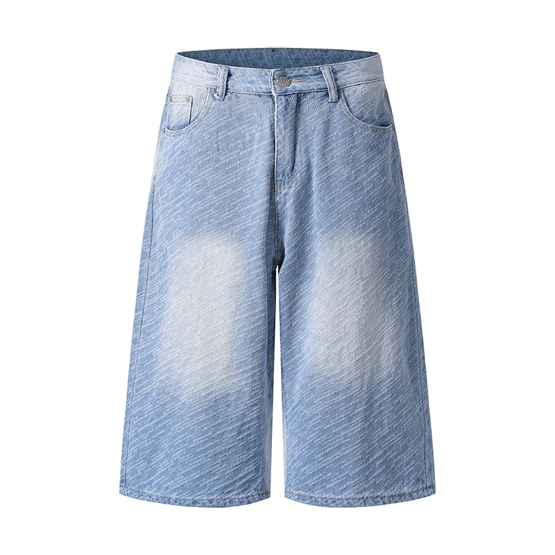 

Мужские джинсовые шорты с текстурой, диагональным плетением, светлой окраской, свободного кроя, до колена, повседневные, в уличном стиле, летние