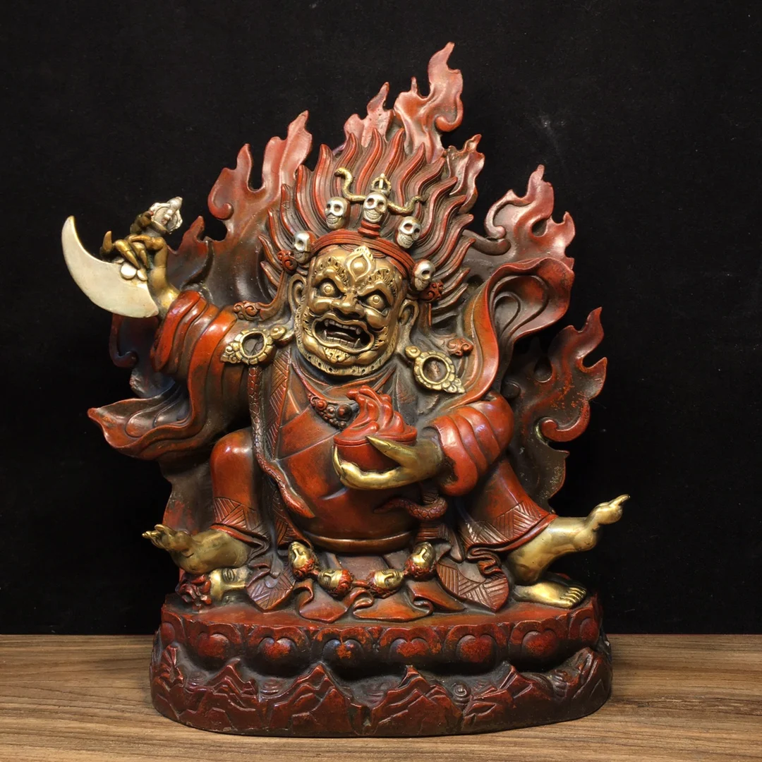 

12"Tibetan Temple Collection Old Bronze Gilded Real Gold Mahakala Sitting Buddha Backlight Great Black Sky Buddha Worship Hall