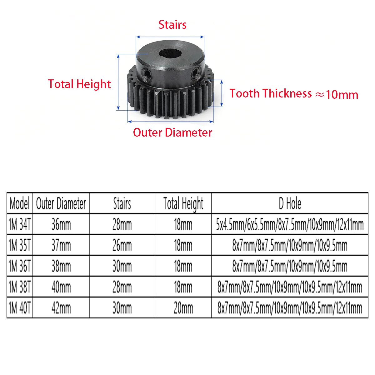 1Pcs 1Mod 34 35 36 38 40 Teeth Spur Gear Pinion With D Hole 45# Steel 1 Module Motor Protruding Gear Transmission Parts