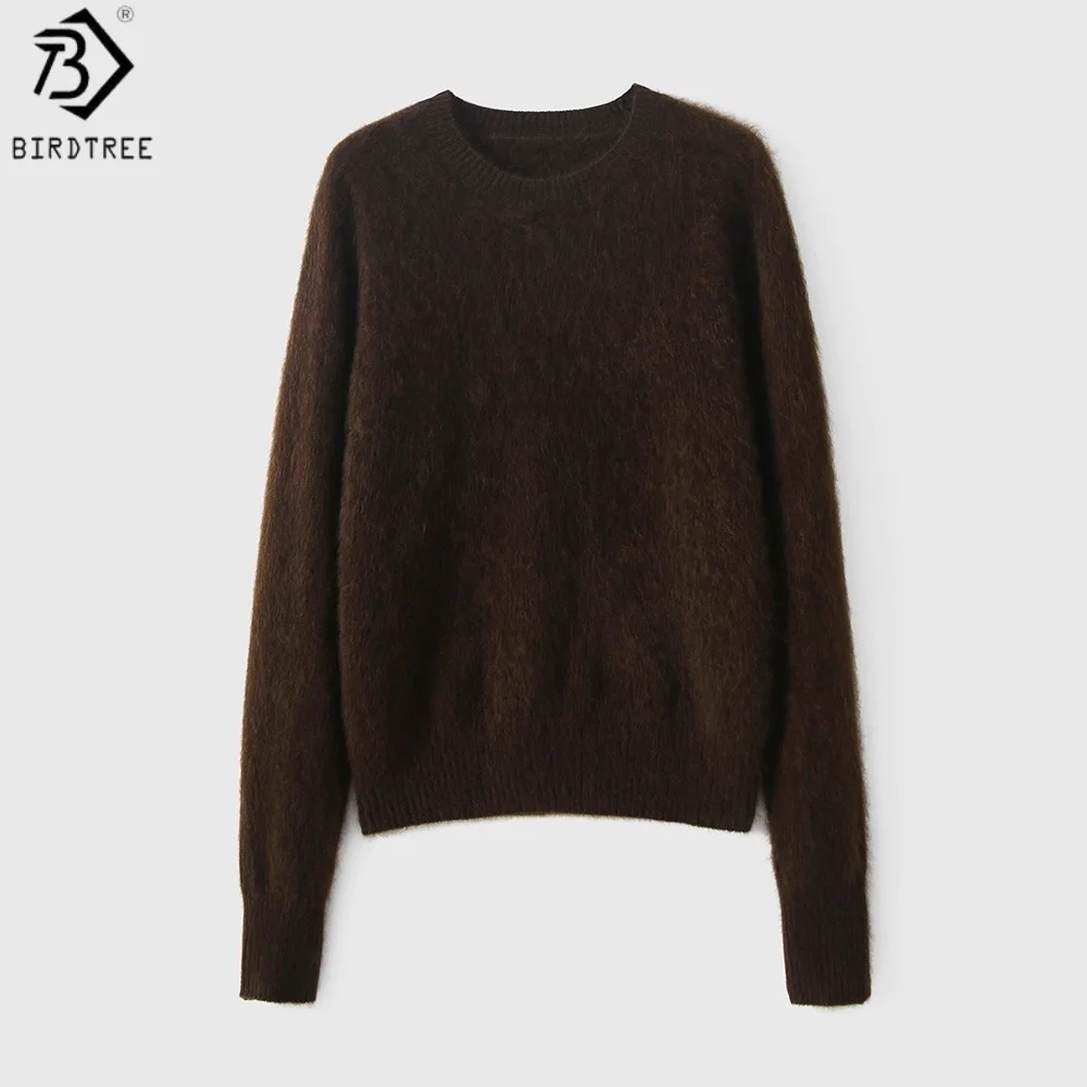 

Birdtree 100% Cashmere Knit Fluffing Brown Sweater,Woman Full Sleeve O-neck Seamless Loose Autumn Straight Sweater Tops T58823JF