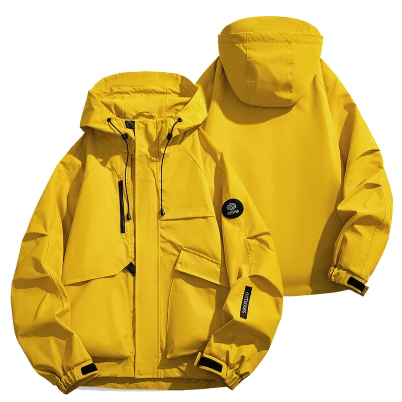 Men's and women's waterproof hooded windproof jacket, with multiple pockets and a zipper, suitable for outdoor wear