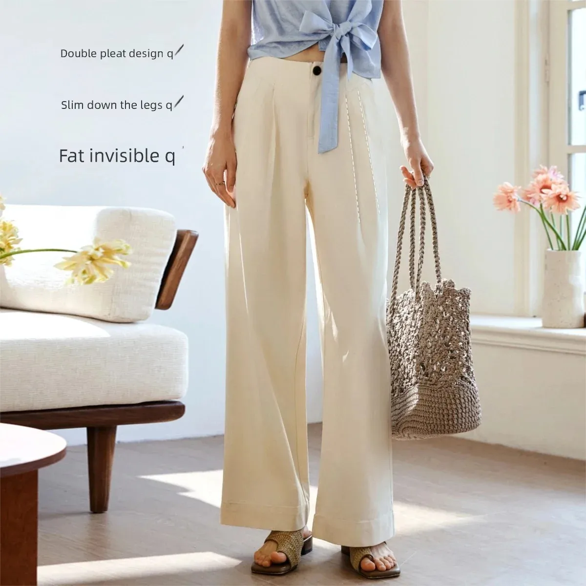 OLrain Loose Wide Leg Pants for Women 2026 Spring Apricot Cotton Blend Elastic Waist Commute Straight Long Trousers O58CK002209