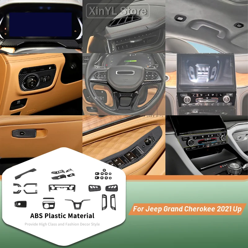 

Carbon Grain Black Interior Center console Sides Air Trim Cover Gear Ring Decoration Stickers Kit for Jeep Grand Cherokee 2021Up