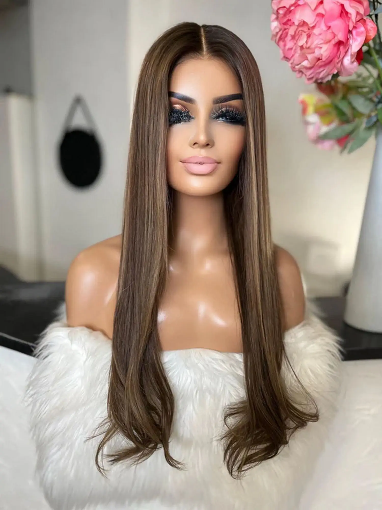 Luxury 26 Inch Slightly Wave Highlight Synthetic Lace Frontal Wigs On Clearance Sale Trendy Ombre Chestnut Brown Glueless Wigs
