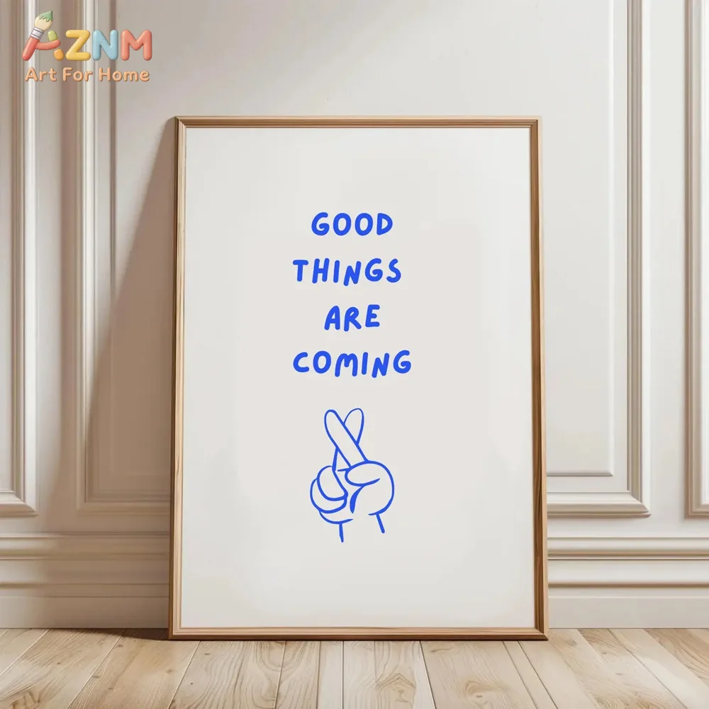AZNM Good Things Are Coming Canvas Wall Art Blue Line Crossed Fingers Minimalist Quote Print Unframed Canvas Positive Bedroom De