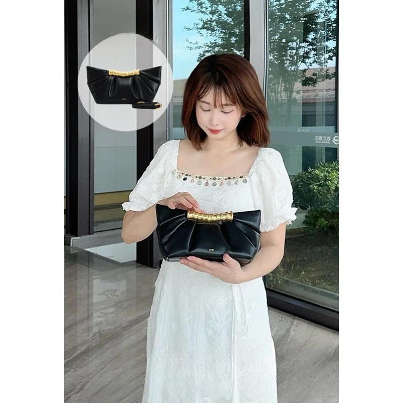 Wrinkled Cloud Leia Handbag Clutch Soft Leather Luxury Evening Bag Metal Accents Dumpling Shape FashionableWomen Party Accessory