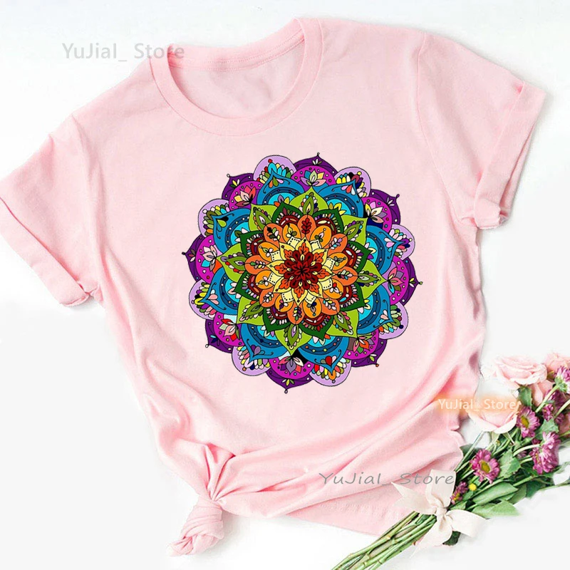 2024 Hot Sale Funny Pink T Shirt Girls Rainbow Mandala Meditation Tshirt Women Summer Fashion Tops Tee Shirt Femme Streetwear