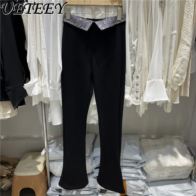 

Fashion Pantalones Simple Waist Sequins Design Hot Diamond Black Suit Pants Women Casual Pants 2024 Autumn New Thin Hip Trousers