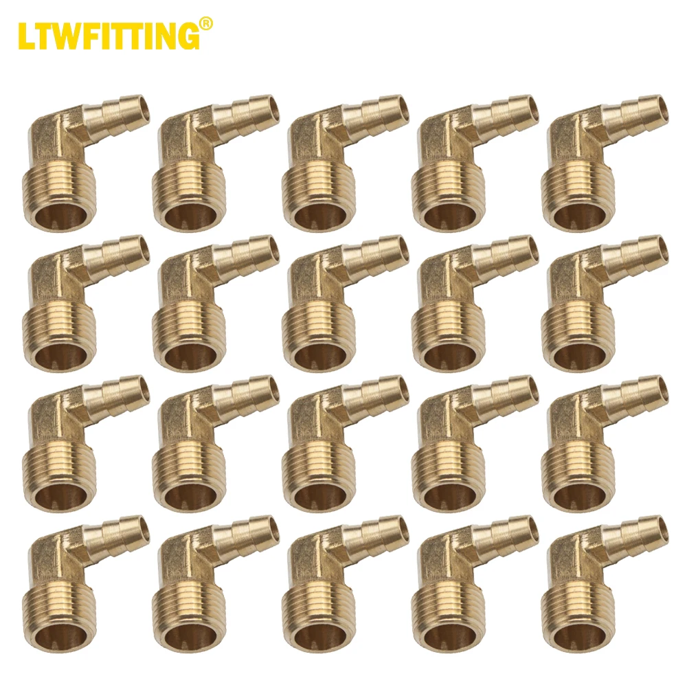 

LTWFITTING 90 Degree Elbow Brass Fitting 3/8 Hose Barb x 1/2-Inch Male NPT Fuel Boat Air(Pack of 20)